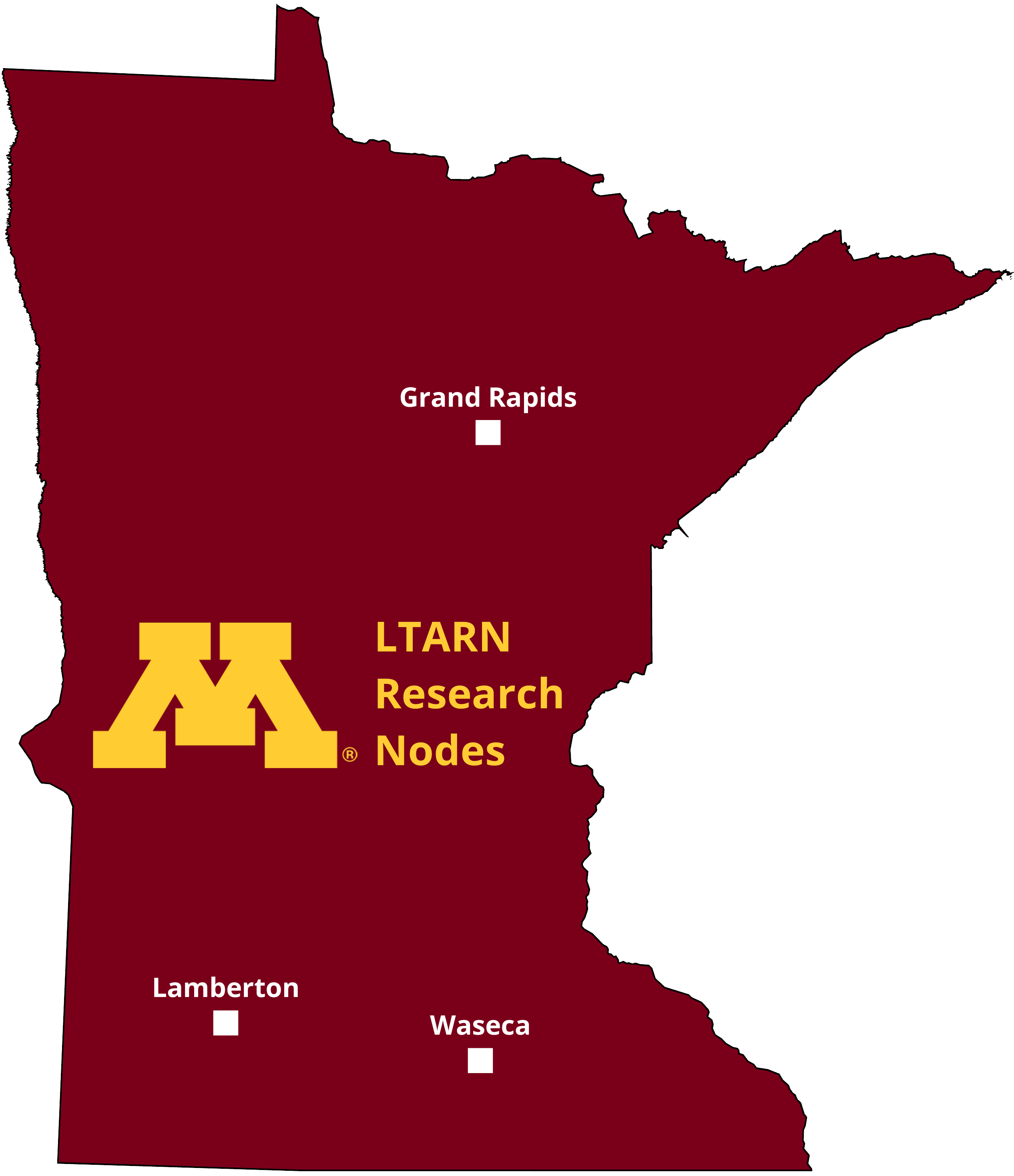 Map of Minnesota with the three LTARN nodes georeferenced.